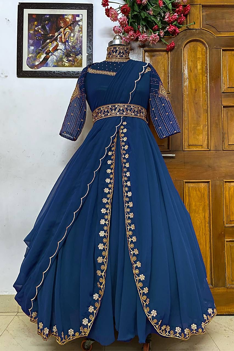 Multi Thread Work Blue Color Double Tone Gown – vastracloth