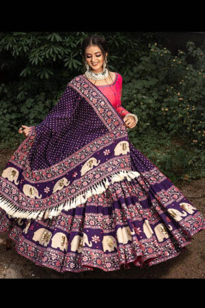 Purple Color Dyeing With Lagdi Patta Gaji Silk Lehenga Choli